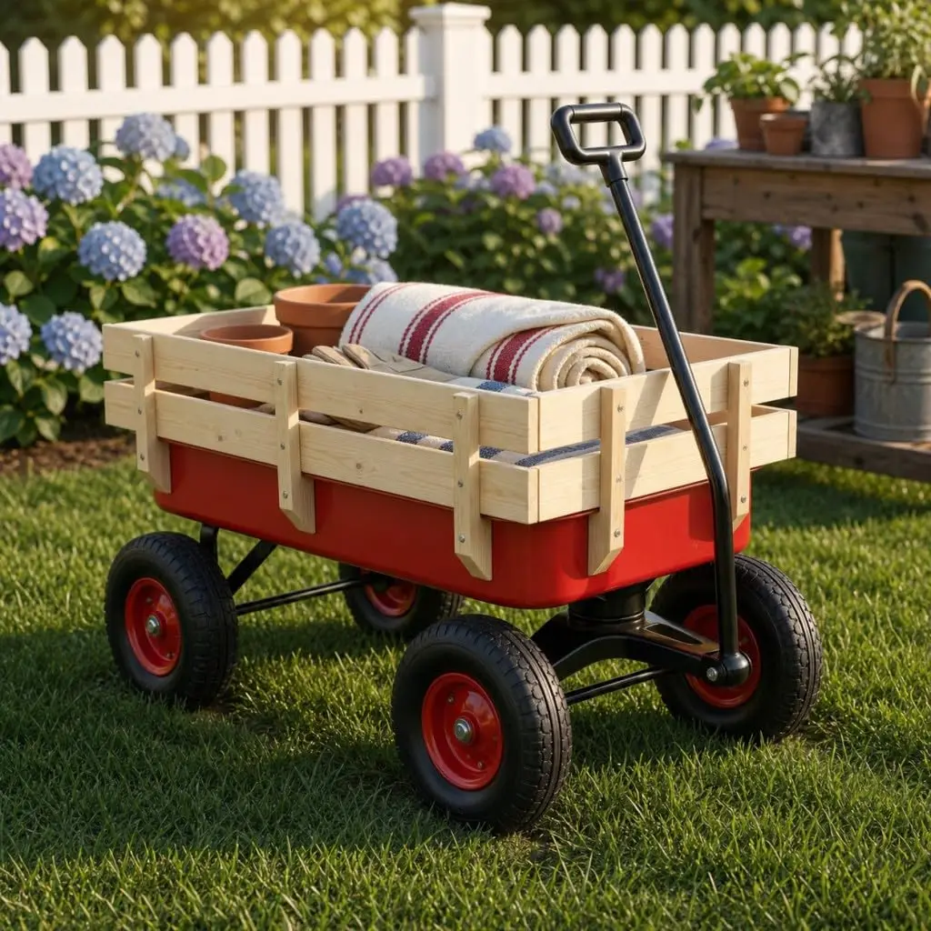Heavy Duty Garden Wagon with Wooden Side Panels & All-Terrain Silent Tires, 176 lbs Capacity, Customized
