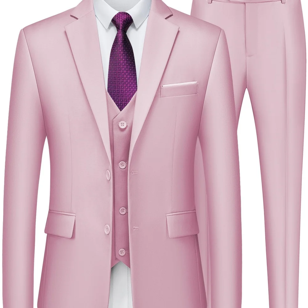

Formal Mens 3 Piece Suit Slim Fit Suits Pink/Blue Groomsmen Tuxedos Set Business Prom Jacket Blazer Vest Pants for Men