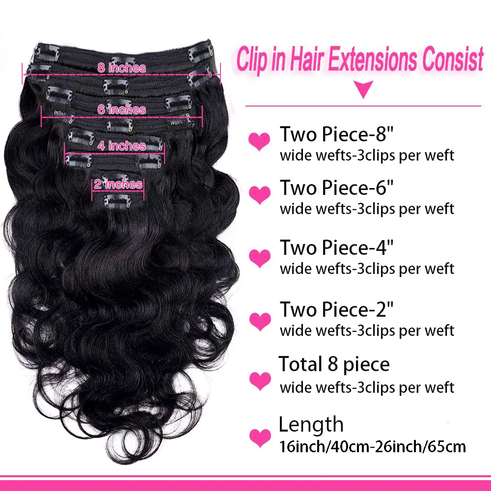 Body Wave Clip In Hair Extensions 100% Human Hair Brazilian Clip In Natural Black Color Clip Ins Remy Hair 08-26 Inch For Women