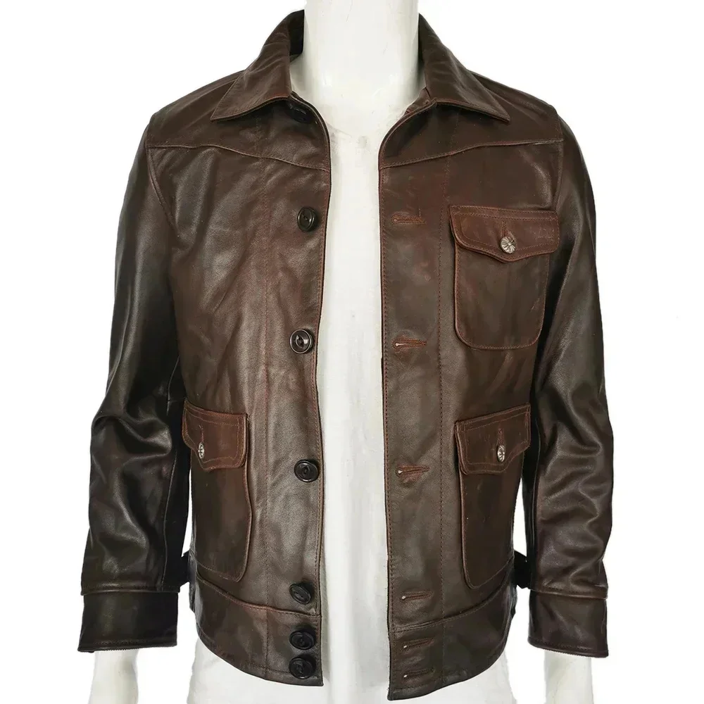 Men Leather Jacket Thick 100% Natural Oil Wax Cowhide Skin Dark Brown Soft Coat Winter Clothing Asian Size M-3XL M505