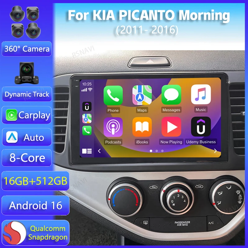 Android 16 Carplay For KIA PICANTO Morning 2011 2012 - 2016 RHD Car Radio 2K Screen Multimedia Player Stereo Head Unit Wireless