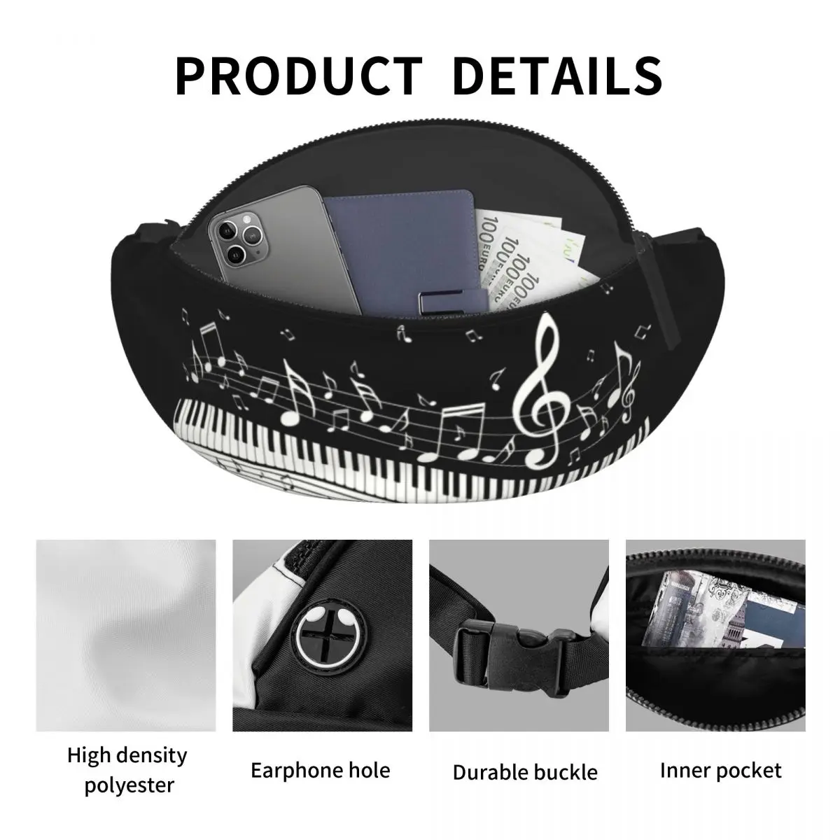 Mode Piano En Muziek Notities Fanny Pack Mannen Vrouwen Custom Crossbody Heuptas Voor Lopende Telefoon Geld Pouch