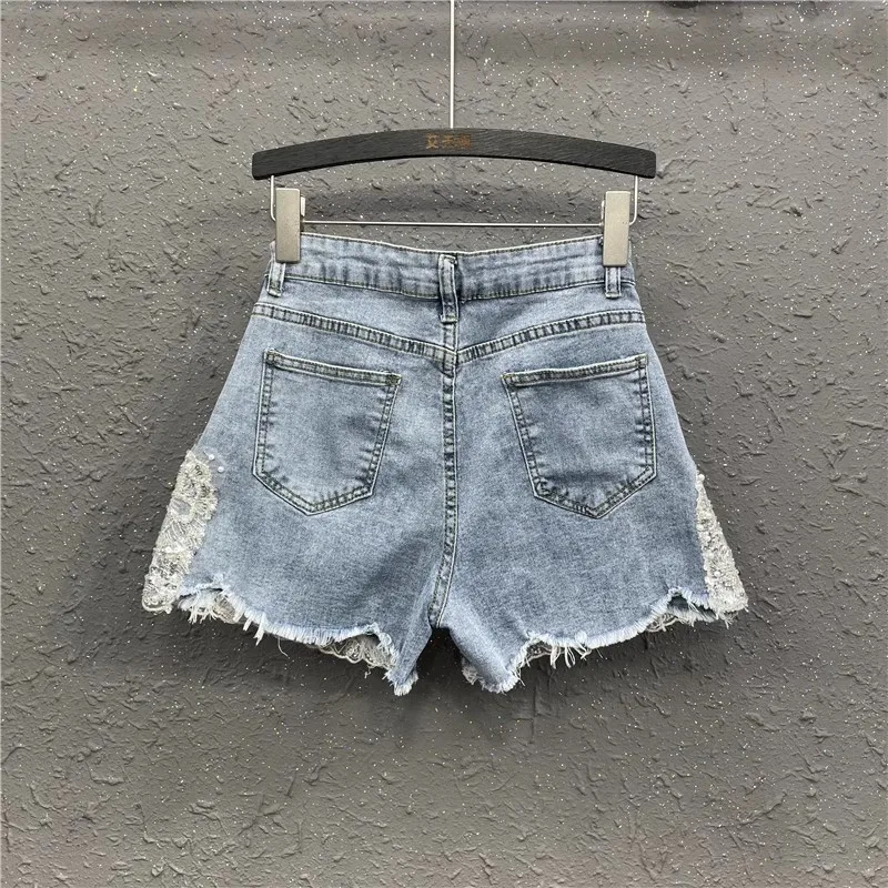 Europese goederen zware industrie genagelde kraal denim shorts dames zomer nieuwe 2025, mode hoge taille wijde pijpen broek hot pant shorts