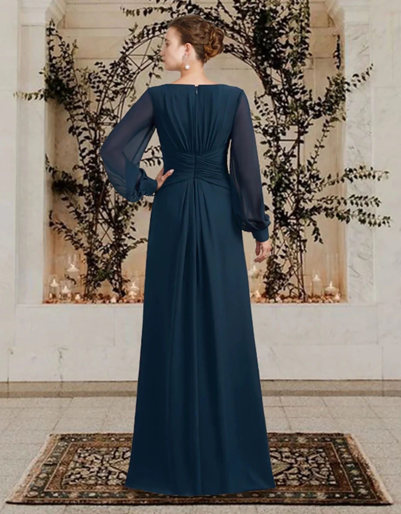 A-Line Mother of the Bride Dress Wedding Guest V Neck Floor Length Chiffon Long Sleeve with Ruched Ruffles Side-Draped 2024