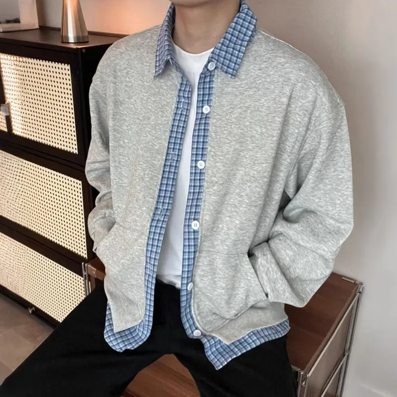 

Мужская клетчатая лоскутная толстовка с капюшоном в американском стиле, кардиган, повседневный топ, весна 2026, толстовка на пуговицах с отложным воротником из 2 предметов