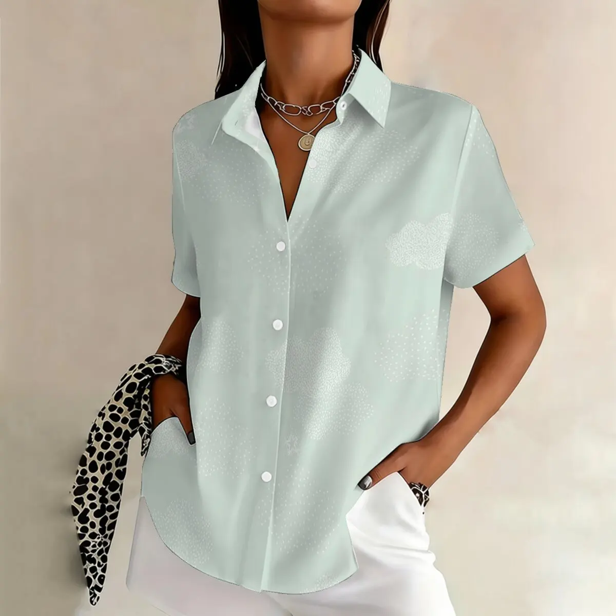 

Simple and personalized cloud print summer women's plus size lapel short sleeved shirt fashionable daily versatile casual top