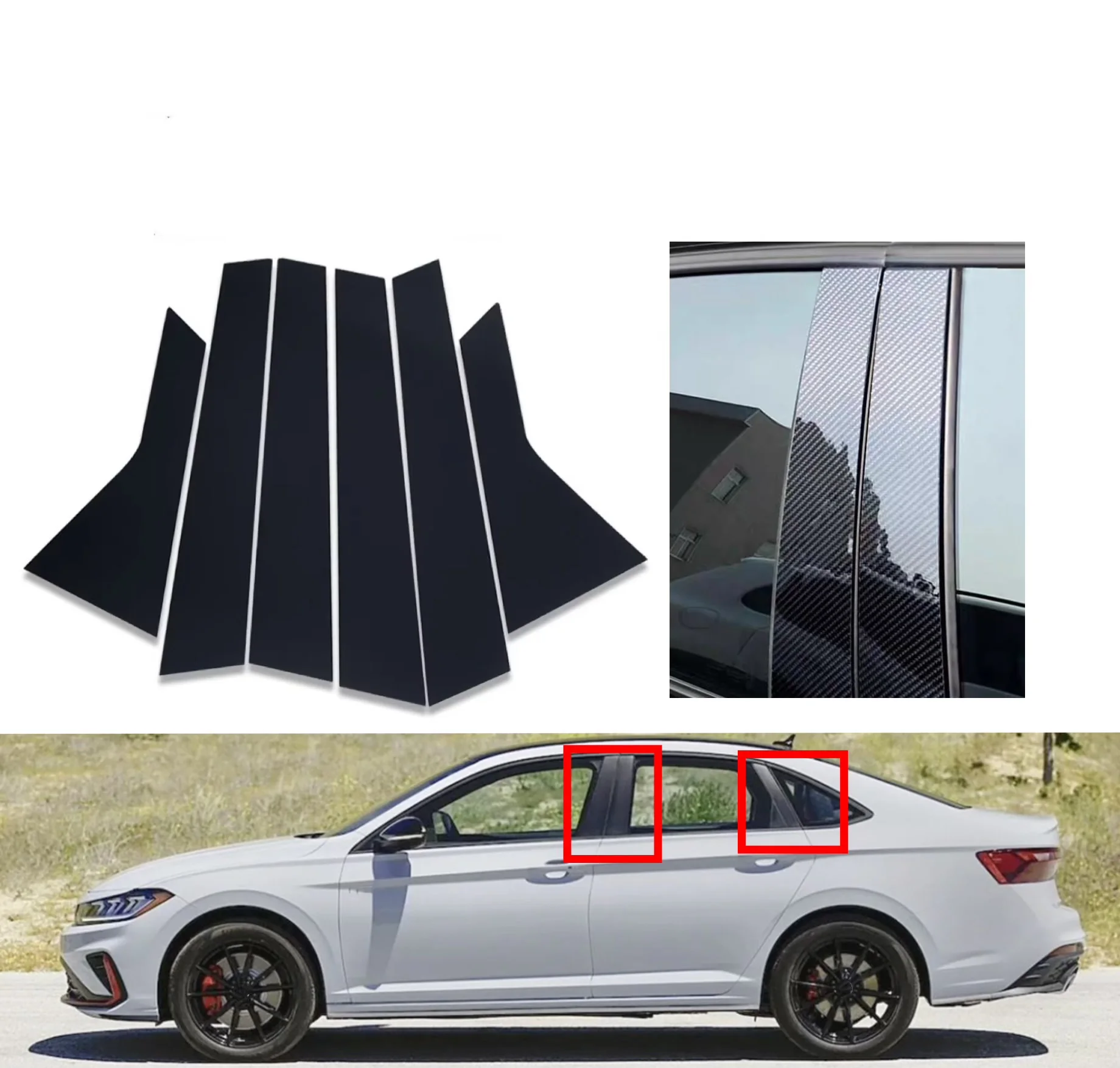 6PCS Gloss Black  Pillar Posts Silver Carbon Fit For Volkswagen Jetta 2019 2020 2021 Window Decor Door Side Mouliding Trim Cover