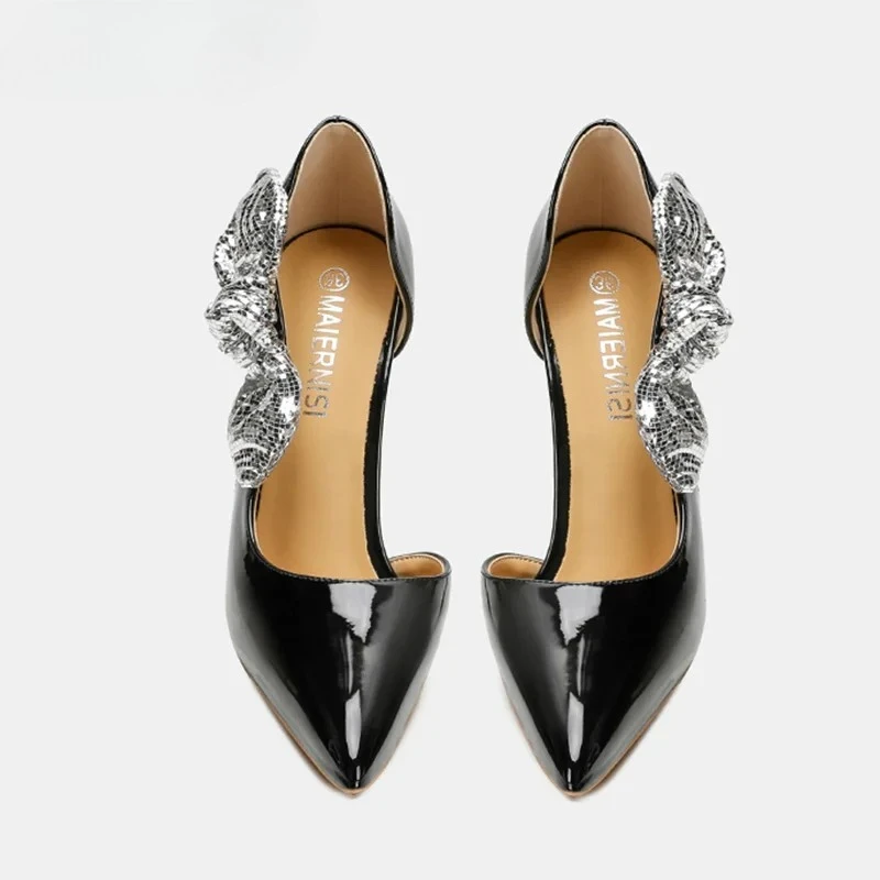 مصمم تألق Bowknot مضخات النساء الجانب قطع أشار تو 12 سنتيمتر سوبر عالية الكعب مثير لطيف الأسود براءات خنجر فستان الزفاف