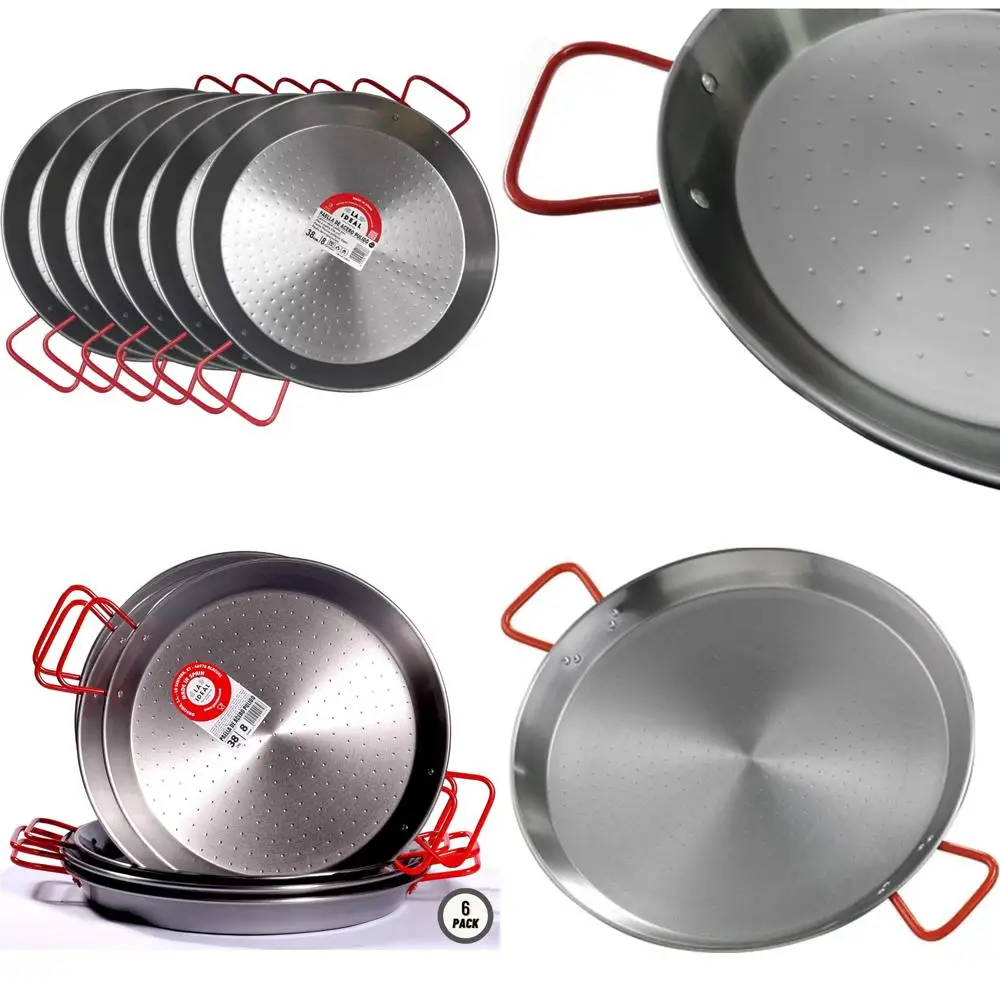 Sartén Paella de acero al carbono de 15 pulgadas, 38 cm de diámetro, juego de 6, plateada y roja, sartén grande para asar al aire libre y reuniones familiares