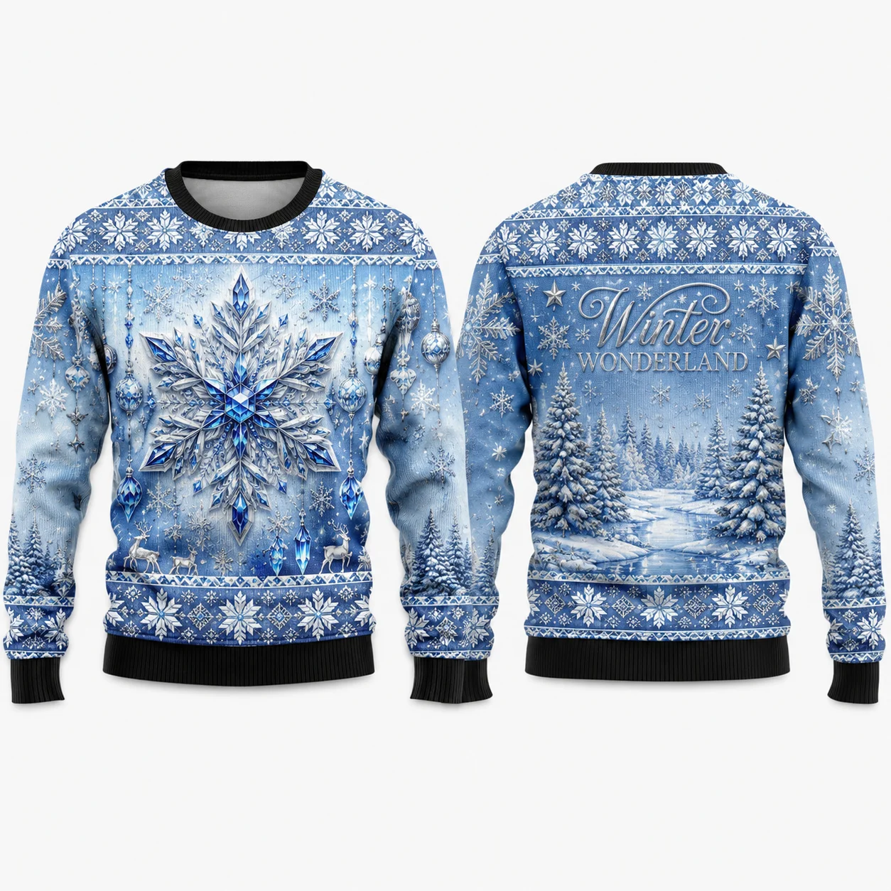 Winter Wonderland Ugly Christmas Sweater, Blue Snowflake Holiday Sweaters For Men Women With Icy Forest Christmas Art