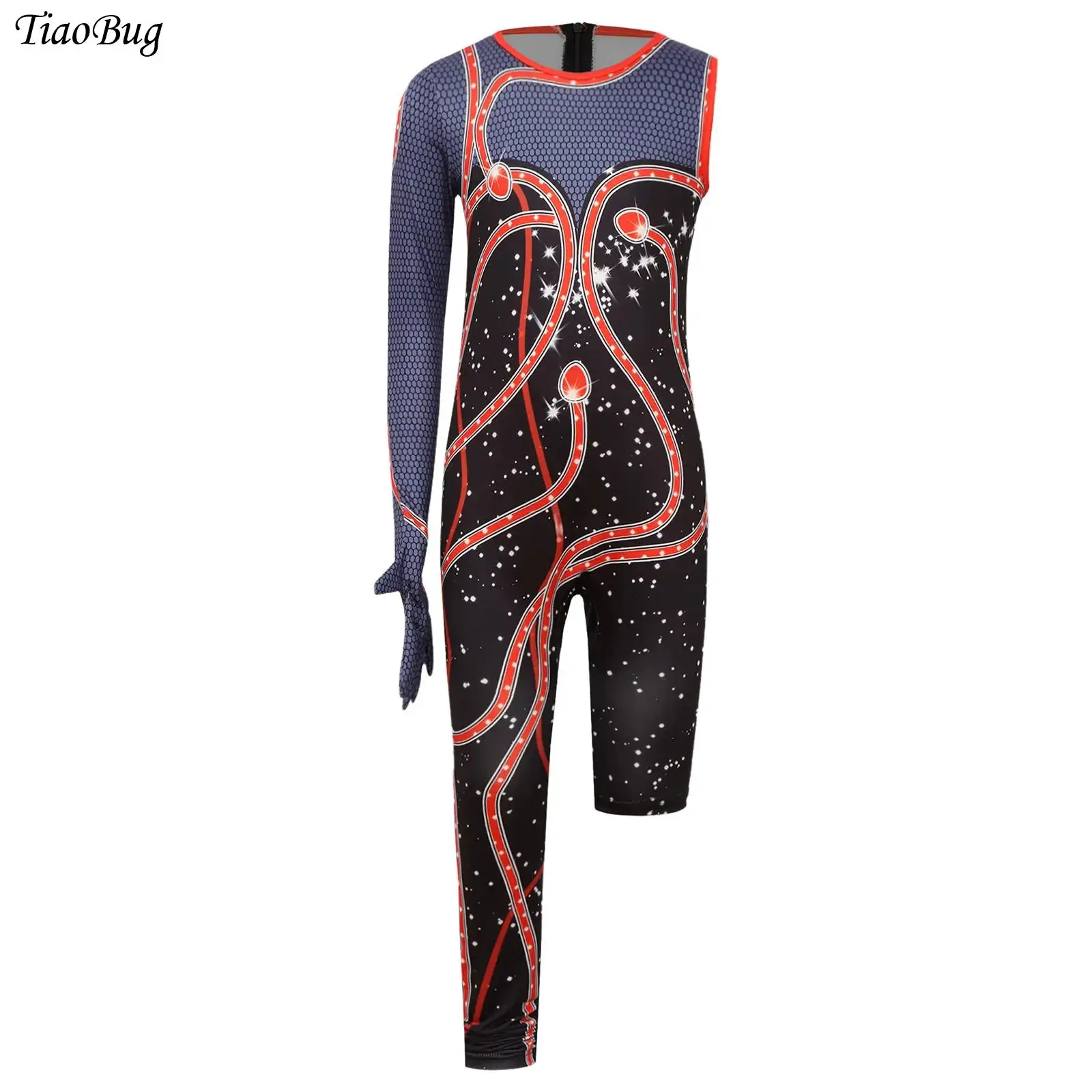 

Kids Girls Snake Pattern Printed Bodysuit Gymnastics Figure Skating Dance Performance Costume Asymmetrical Mesh Splice Jumpsuit
