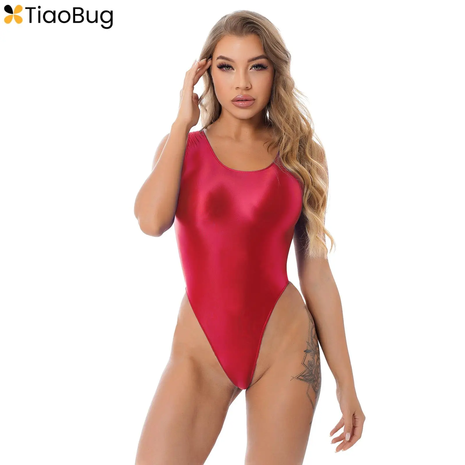 

Womens Glossy Sleeveless High Cut Bodysuit One-piece Swimsuit Sports Yoga Fitness Gymnastics Leotard Jumpsuit Bathing Suit