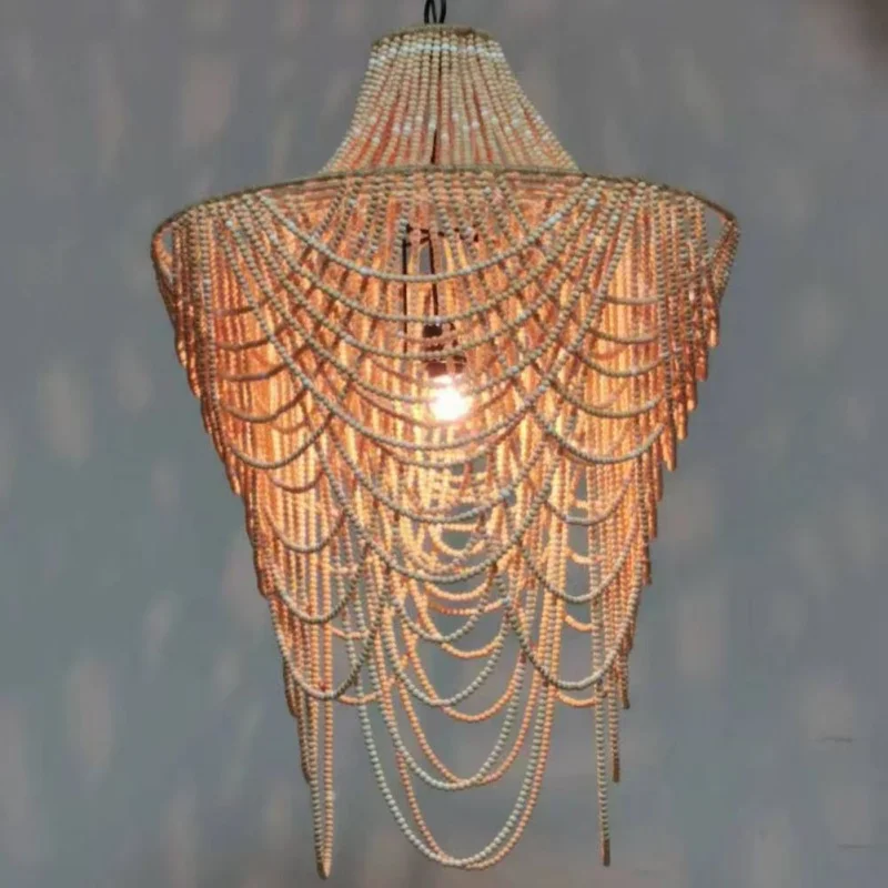 American Style Wooden Bead Pendant Light Living Room Bedroom Dining Room Simple And Creative Internet Famous Retro  Fixtures