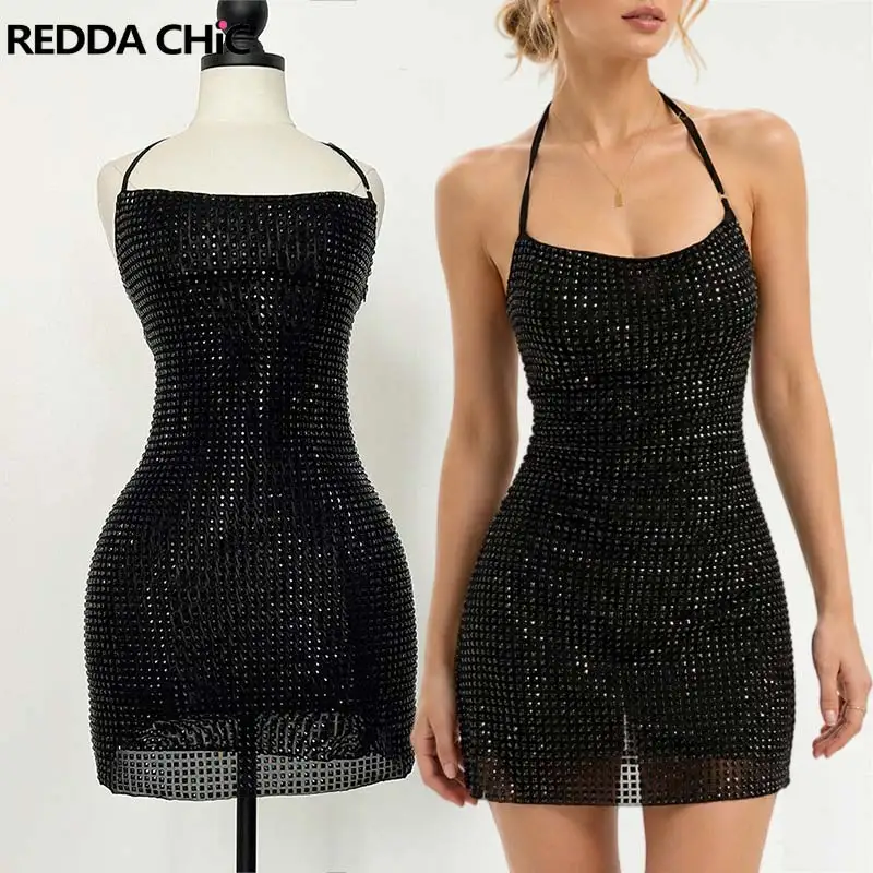 REDDACHiC Sugarloaf Diamond Women Bodycon Trendy Shiny Mesh Spaghetti Straps Halter Backless Mini Dress Birthday Night Clubwear