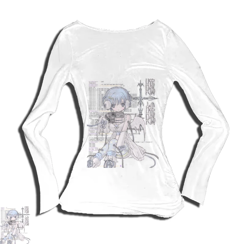 여성용 흰색 티셔츠, 세련된 카미세타스 의류, 레트로 섹시 Y2K 티셔츠 탑, 새로운 스타일 긴팔 프린트 티셔츠