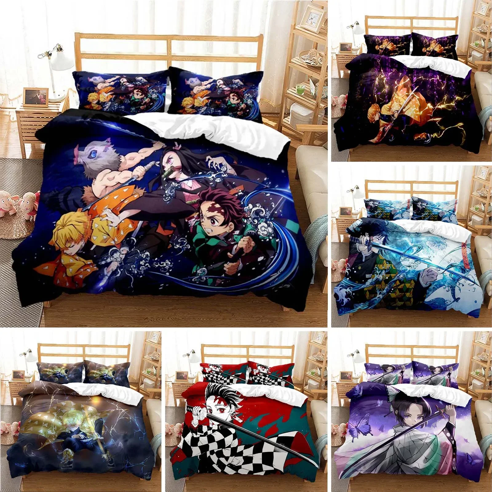 3D Printed Anime Demon Slayer Bedding Set Nezuko Tanjirou Duvet Cover Double Twin Full Queen King Adult Kids Quilt Cover