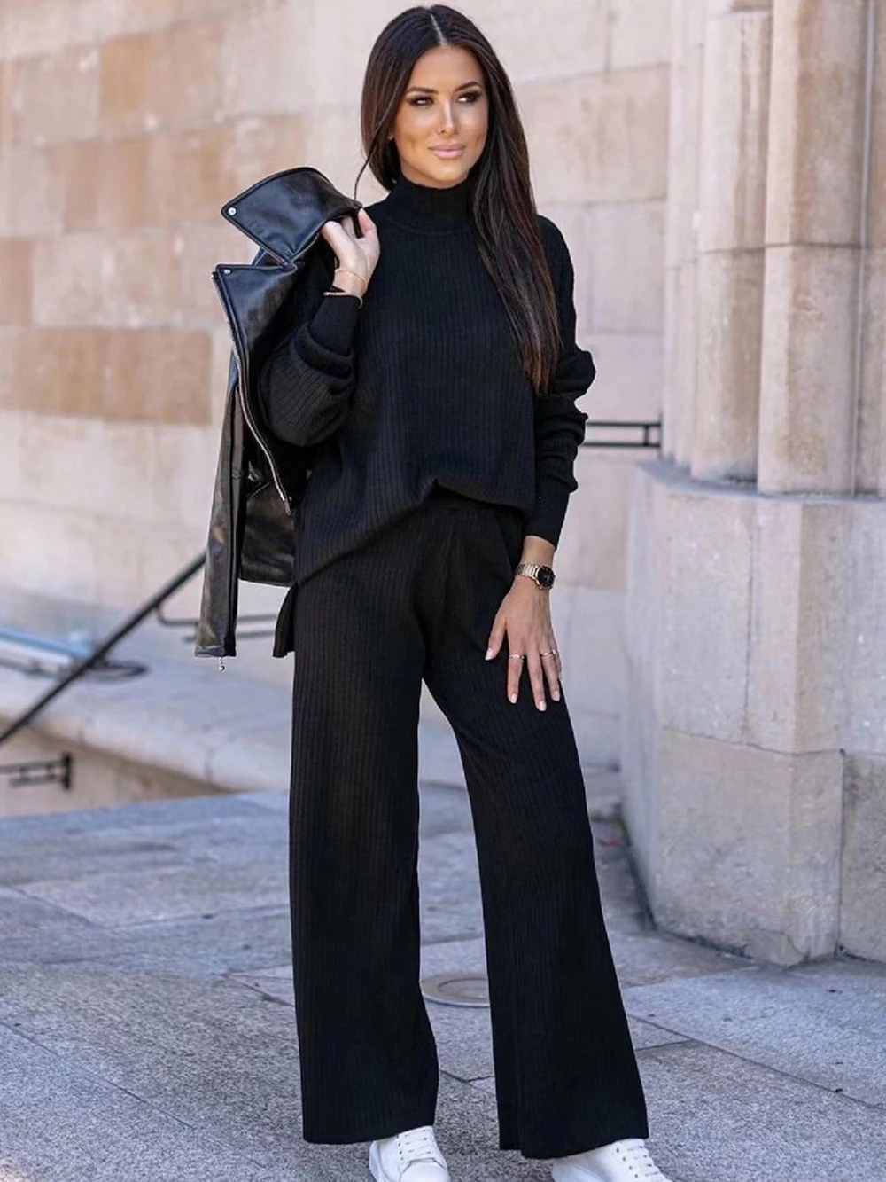 Wixra Women Knitted Suits Solid Mock Neck Full Sleeve Split Sweater+High Waist Straight Trousers Casual 2-Piece Sets