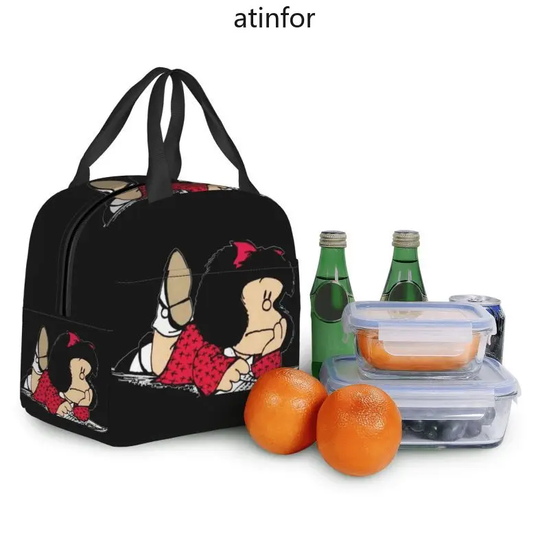 Mafalda Insulated Lunch Bags for Women Argentine Cartoon Quino Comic Portable Cooler Thermal Food Lunch Box Kids School Children