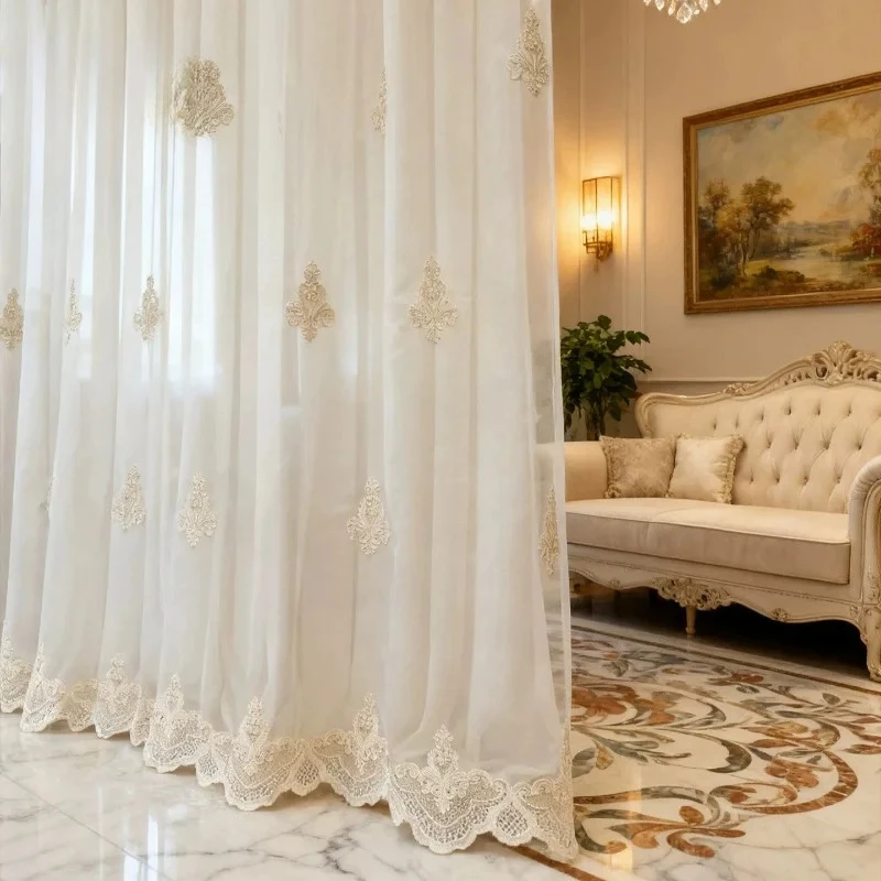 Custom Size Luxury French Embroidered White Sheer Curtains for Villa Living Room Bedroom Balcony Thermal Insulated Drapes Tulle