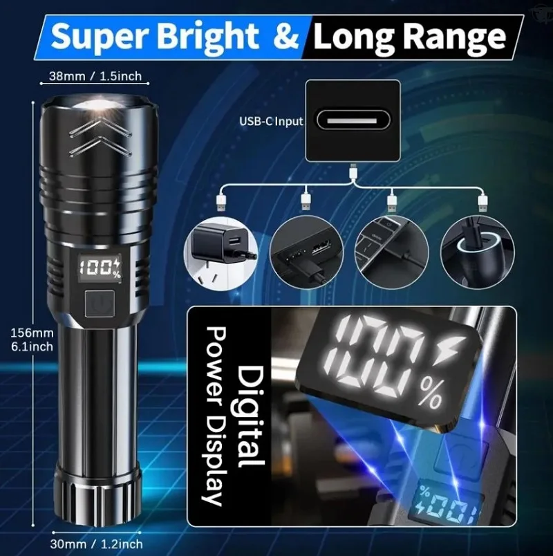 Portable Strong Light Emergency LED Flashlight Rechargeable Powerful Tactical Flashlights Zoomable Torch Outdoor Camping Fishing