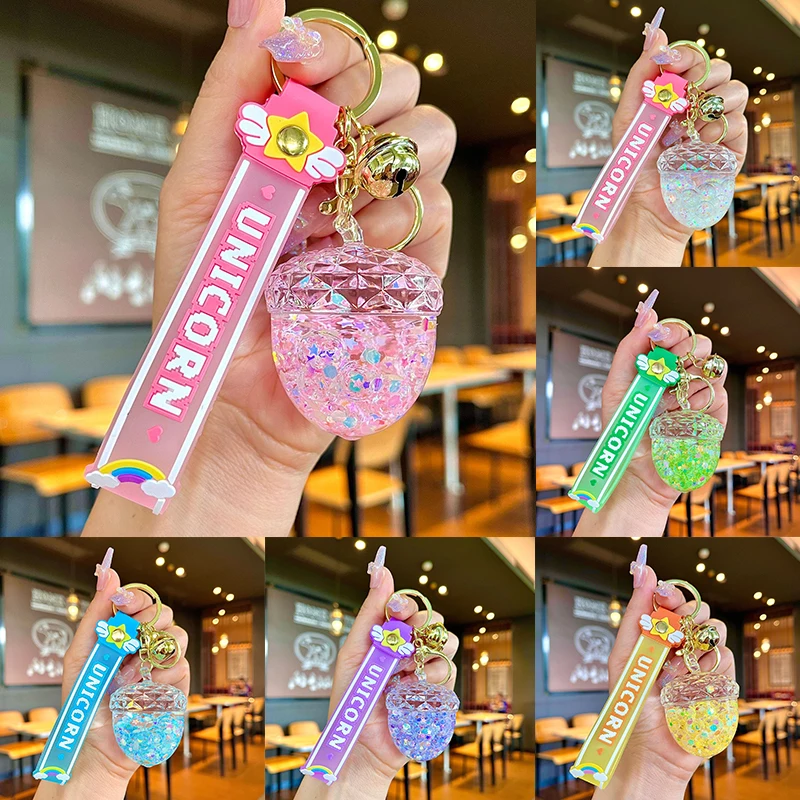 Summer Oil Liquid Lollipop Keychain Floating Quicksand Snowflake Glitter Acrylic Keyring Pendant For Women Backpack Key Chains