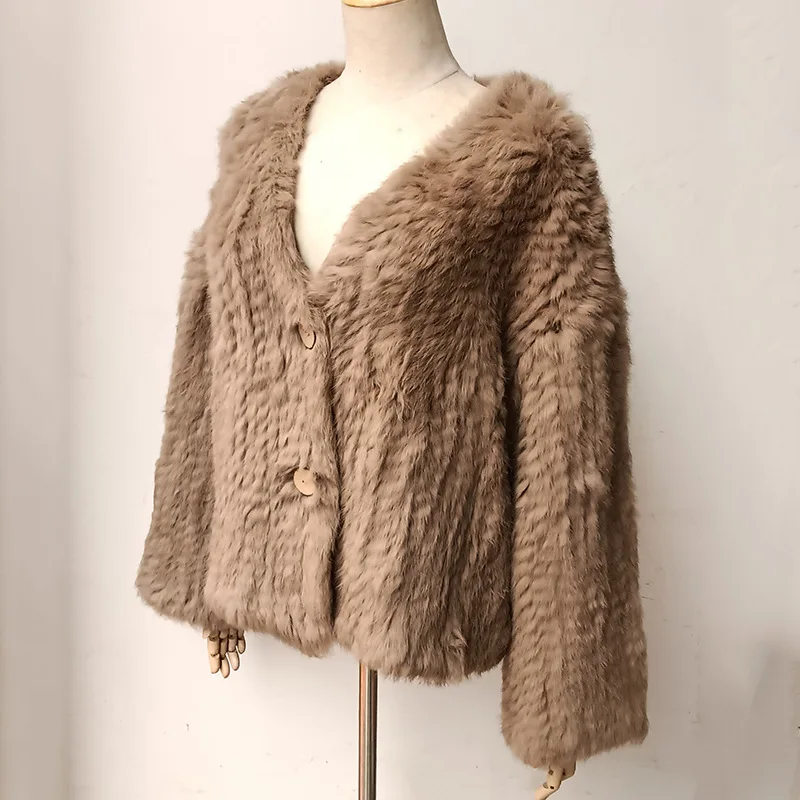 

Women Real Rabbit Fur Woven V-neck Long Sleeve Fur Coat Autumn Winter Fashion