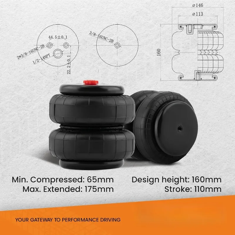 

2PCS Universal Air Suspension Spring Double Bellow Standard 2500 lb 1/2"npt Single Port Air Ride Strut Assembly