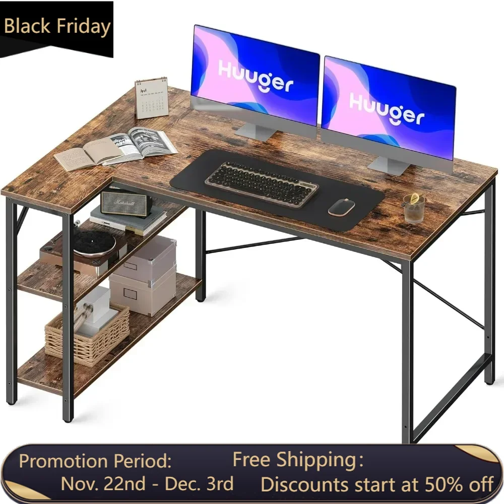 L Shaped Computer Desk, with Reversible Storage Shelves, Gaming Corner Desk for Home Office, Writing Study Desk with Metal Frame