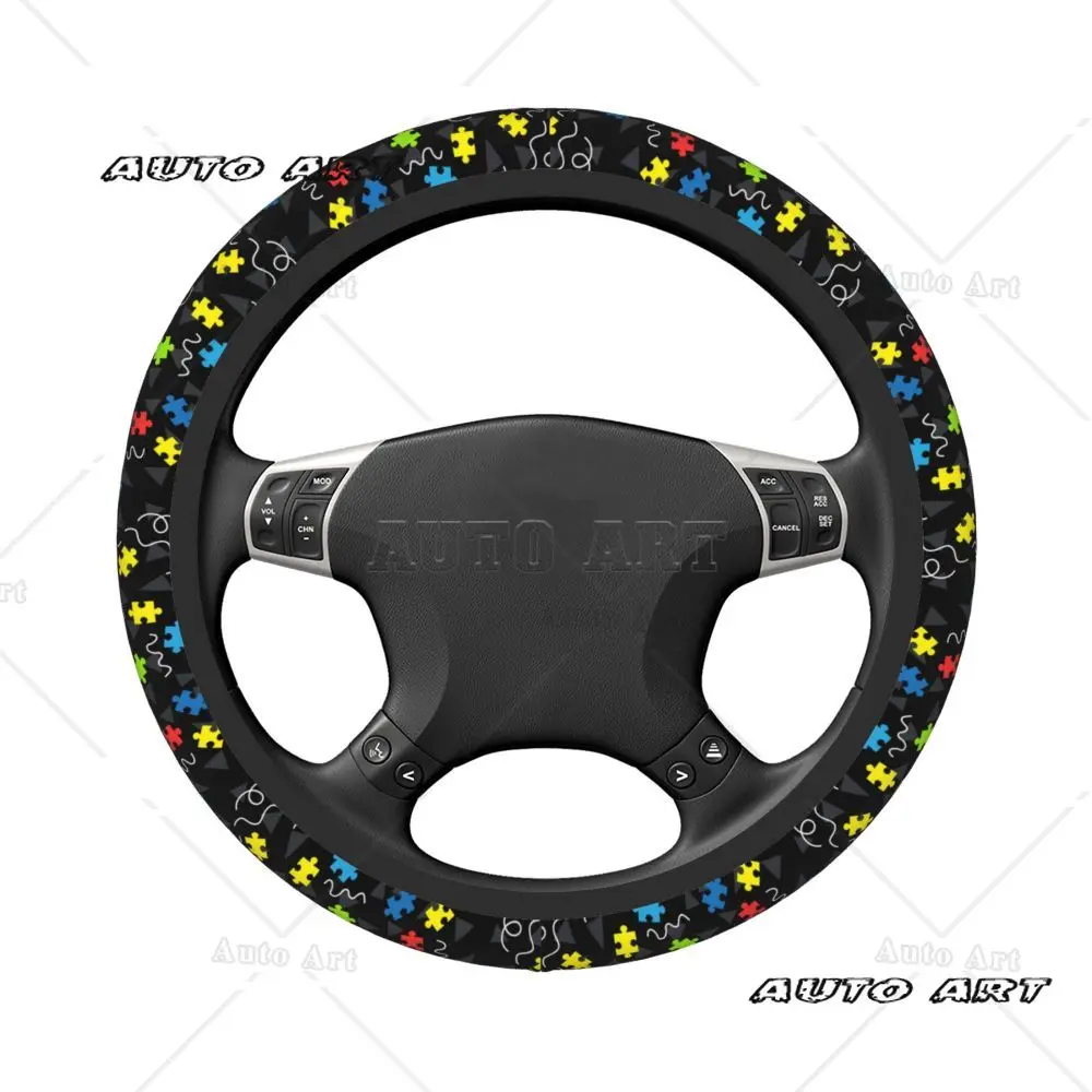 Świadomość autyzmu Kolorowy kawałek puzzli Pokrowiec na kierownicę samochodu Uniwersalny 14,5-15 cali Pogrubiony elastyczny pokrowiec na kierownicę