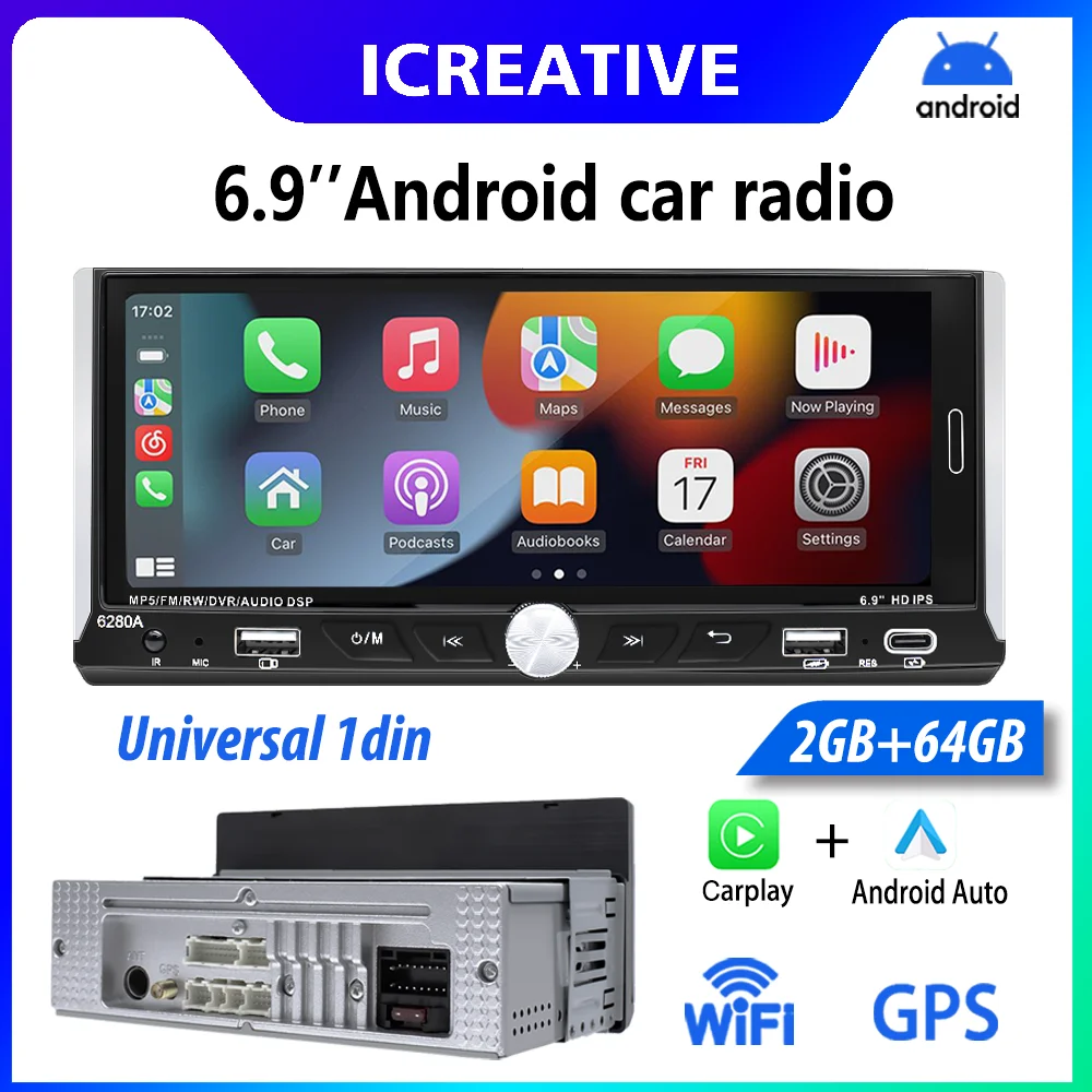

1Din Universal Car Radio 6.9'' Touch Screen Wireless Carplay Android Auto Smart Multimedia Player Wifi Navigation GPS FM Stereo