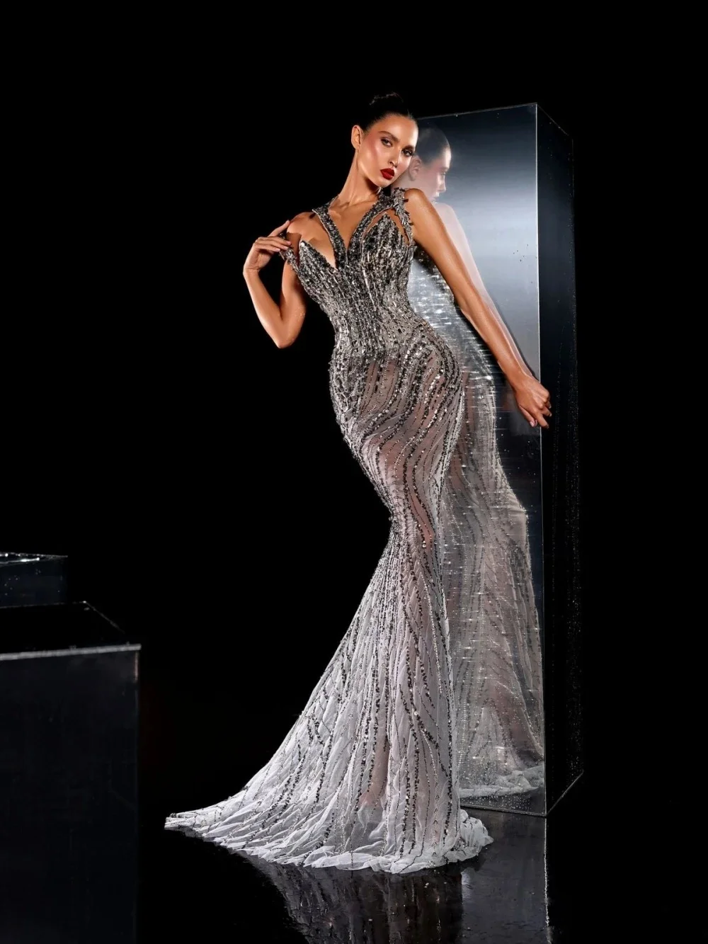 Elegante frisado renda vestidos de noite ilusão sem mangas lantejoulas sereia vestido de baile personalizado até o chão vestido de festa