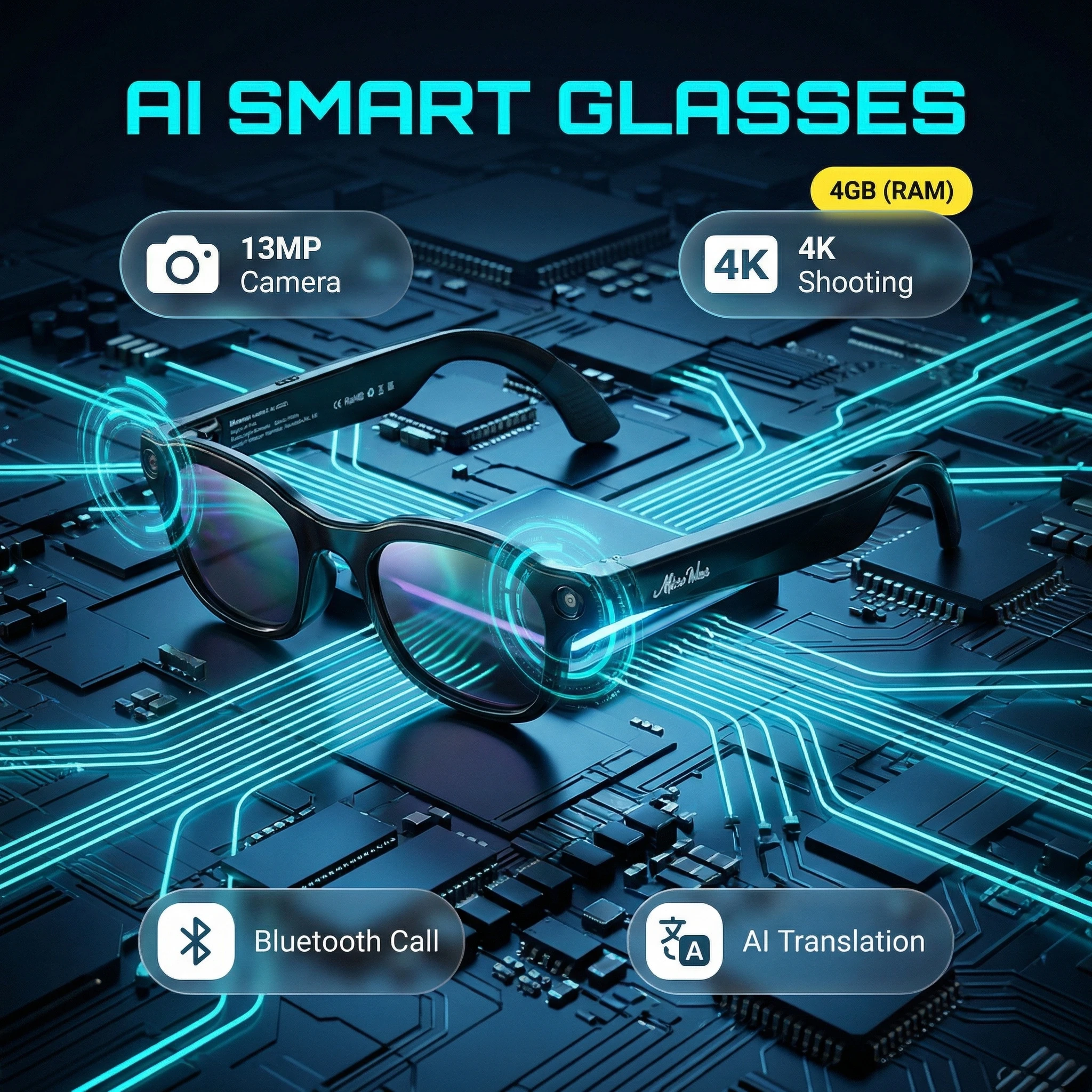 NAIWO HOT 4K Smart Glasses 13MP With Camera Video Recording AI Photo Recognition Bluetooth Call Translation Voice Sunglasses Men