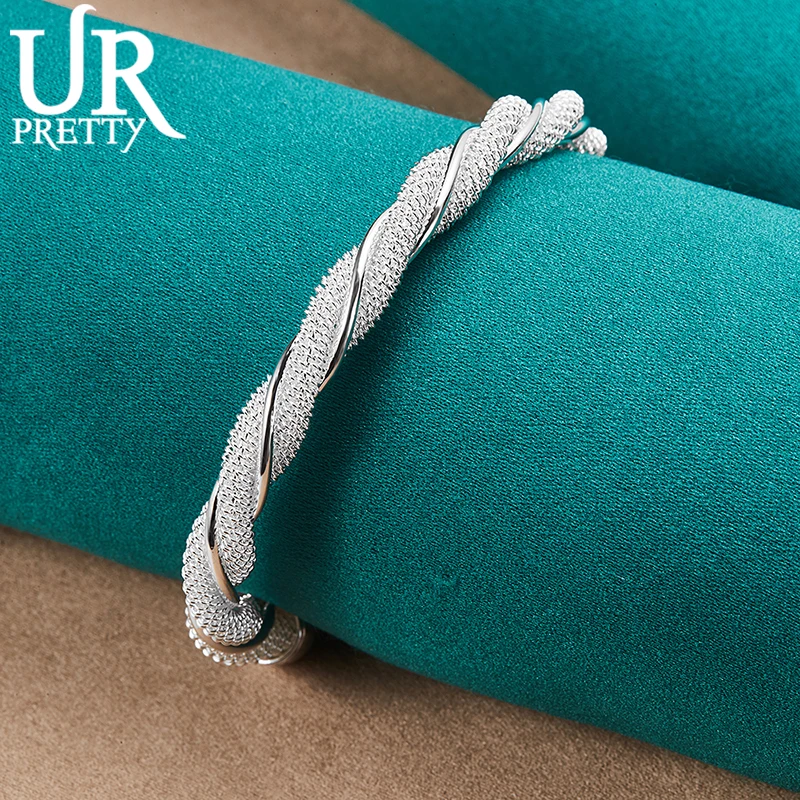 URPRETTY-brazalete ajustable ancho de malla trenzada de Plata de Ley 925 para mujer, joyería para fiesta de compromiso y boda