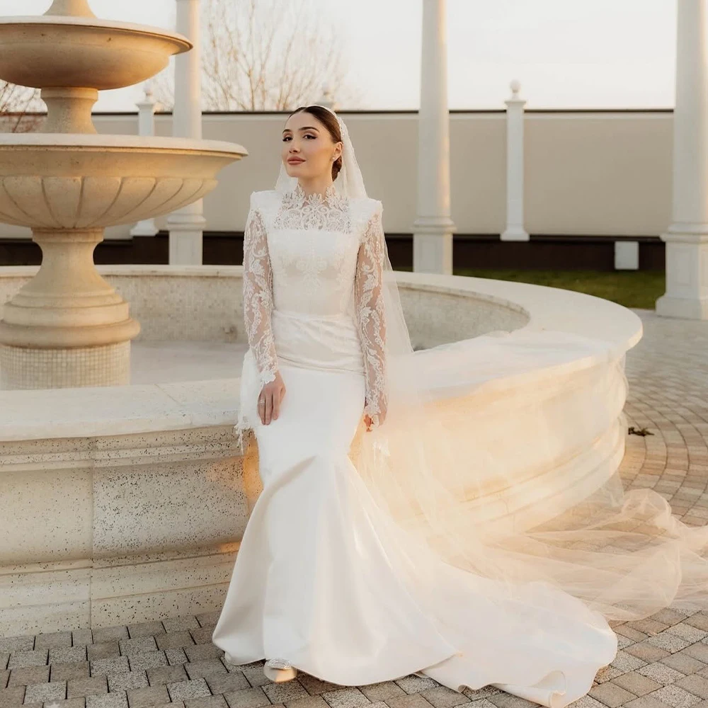 

Elegant Wedding Dresses High Neck Lace Long Sleeves Bride Dress Mermaid Sequined Satin Bridal Gown Customized Vestidos De Novia