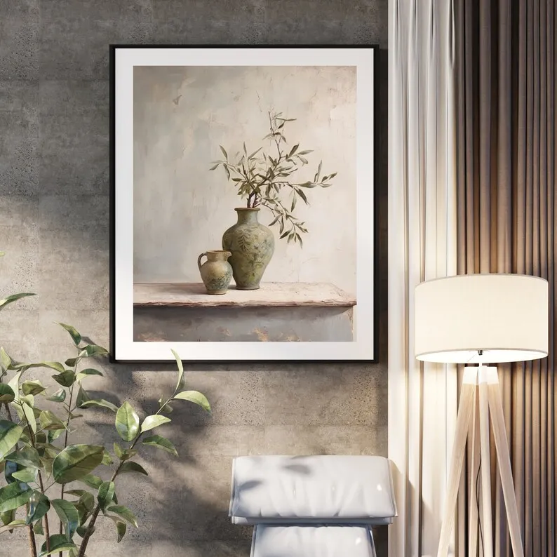 Antique Vase Italy Olive Tree Green Leaves Botanical Still Life Oil Painting On Canvas Poster Wall Art Pictures Home Decor