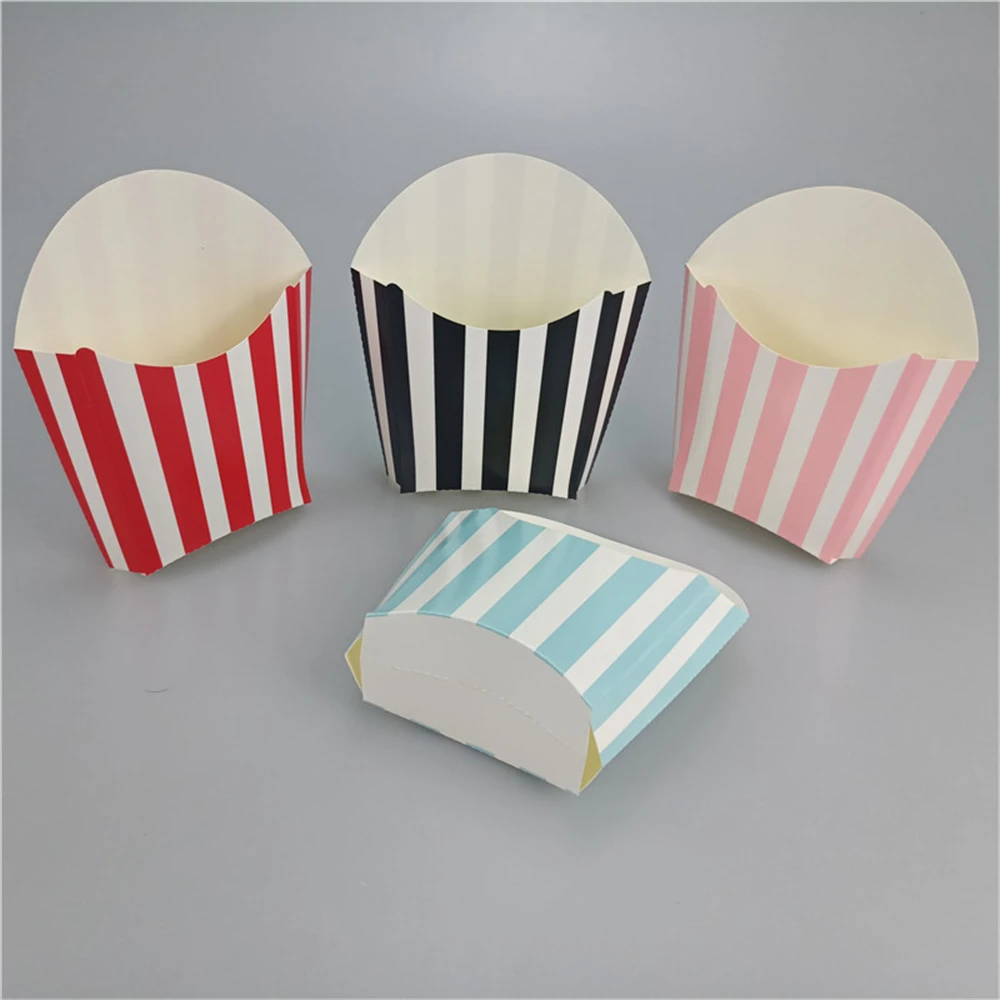 

50 Pcs Delicatessen French Fries Boxes Popcorn Container Paper Small Snack Holder Colorful Striped French Fries Cup Packing Box