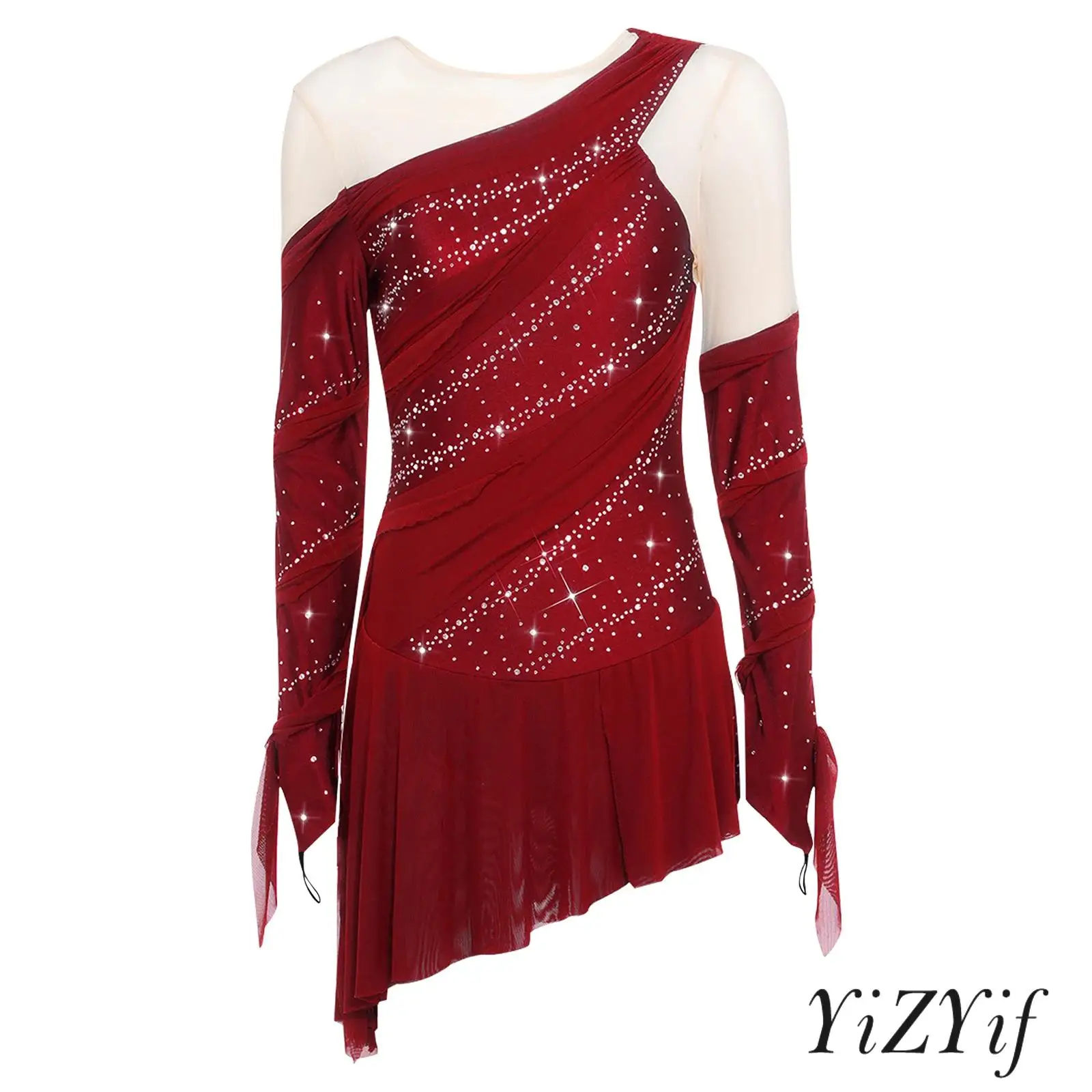 

Elegant Womens Gymnastics Latin Dance Bodysuit Dress Ruched Detail Rhinestones Backless Irregular Mesh Hem Dress Salsa Dancewear