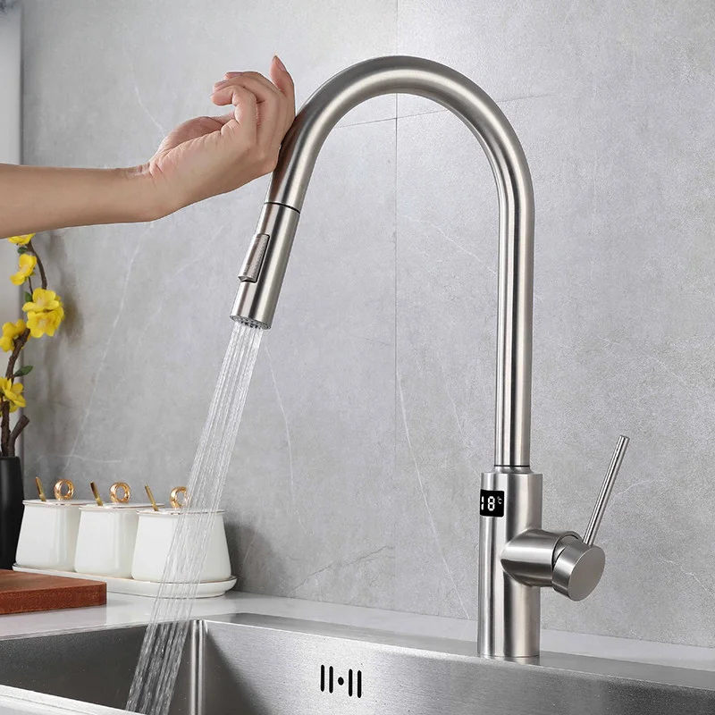 

Hot Cold Digital Kitchen Faucets 304 Stainless Steel Pull Out Kitchen Sink Mixer Tap with Pull Down Sprayer Touch Kitchen Faucet