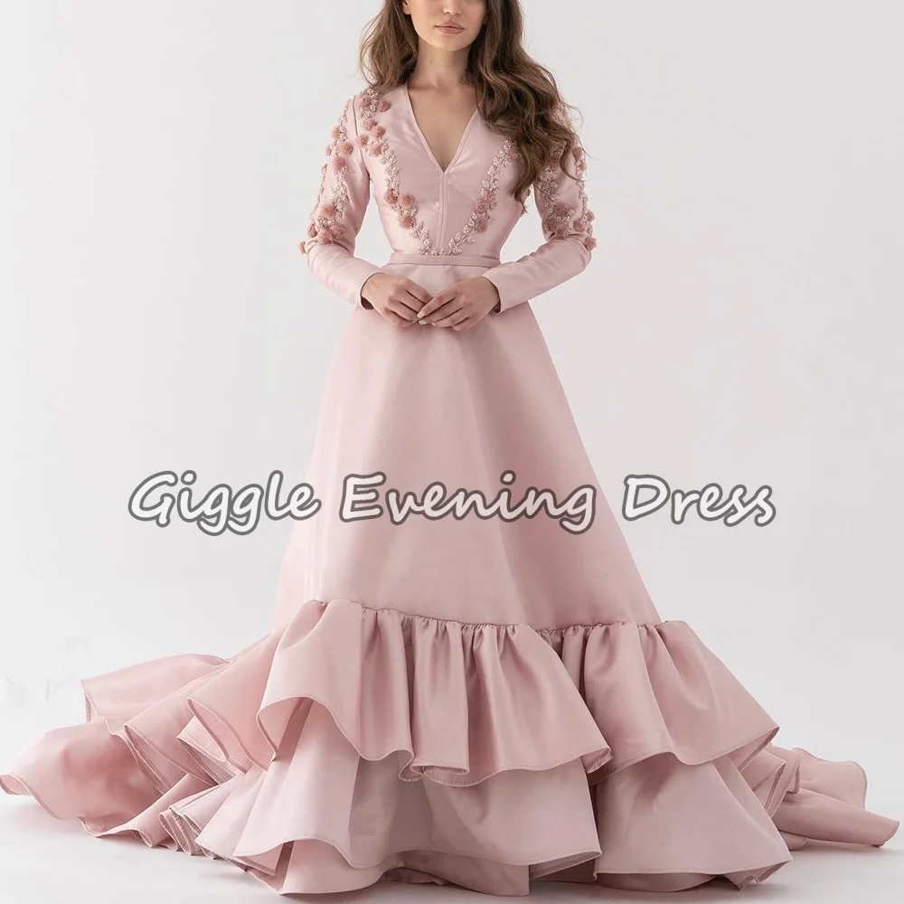

Elegant V-neck Ball Gown Prom Dresses Beading Flowers Layered Satin Evening Gown Formal Occasion Robe Femme Soirée فستان