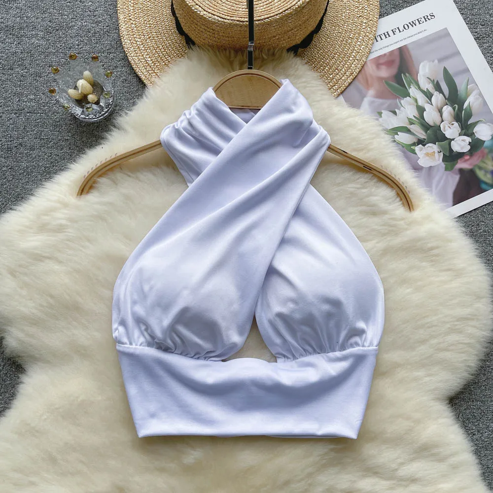 Sexy Short Backless Cross Hollow out Neckline Vest Women's Summer Slim Fit Stylish  Back Top Commute Style Inner Wear