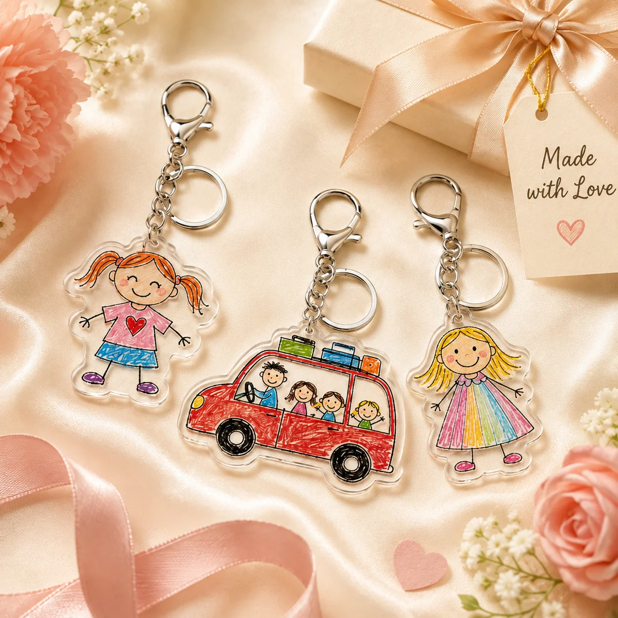 Custom Kids Drawing Acrylic Keychain Pendant Personalized Colors Picture UV Print Photo Keyring Family Keepsake Gift for Mom Dad