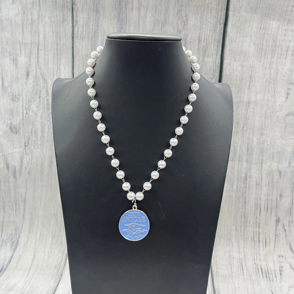 Multi Layer Sorority Light Blue Beaded Zeta Amicae Enamel Round Pendant Crest Pearl Necklace Bracelets Sets