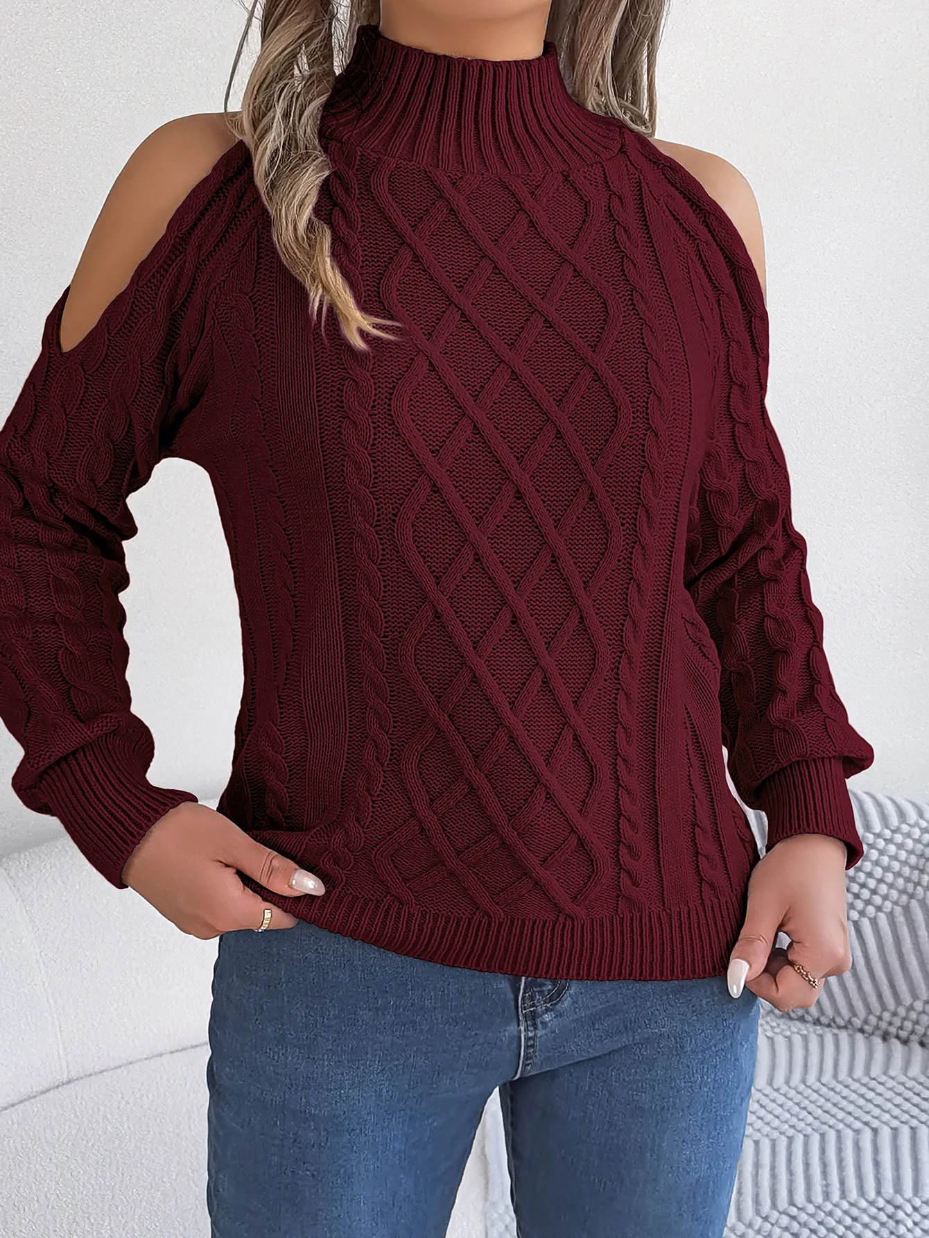 

Women's Off Shoulder Cable Sweater Solid Color Pullover Long Sleeve Semi-Turtleneck Fall Winter Top