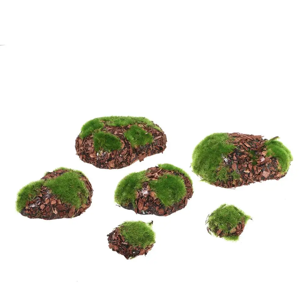 6pcs Artificial Grass Wood Fake Rock Blocks Green Moss Stone Simulation Stones Mini Garden Decor Fairy Garden Micro Landscape