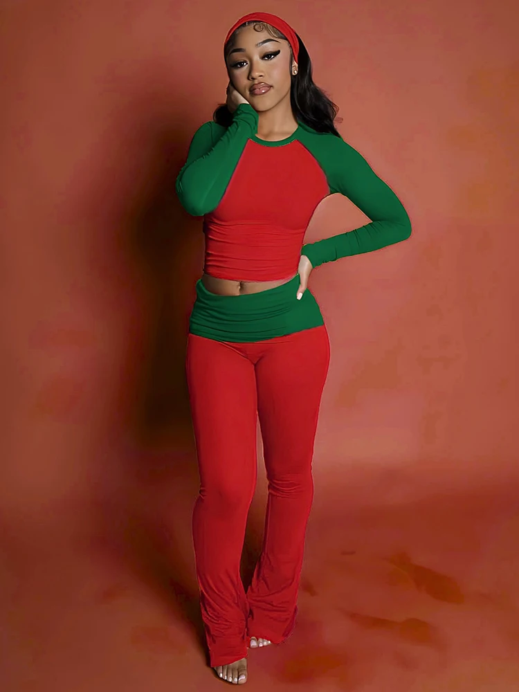 Спортивный костюм Sisterlinda, комплект из 2 предметов, женские рождественские лоскутные укороченные топы + длинные брюки, уличная одежда, спортивные повседневные эластичные простые наряды