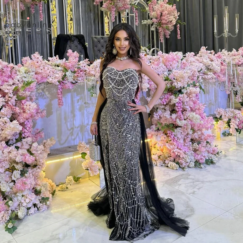 

BABYONLINE Arabic Beaded Black Luxury Evening Dresses Gowns with Pearls & Sequins Long Slit Formal Dress For Wedding Party