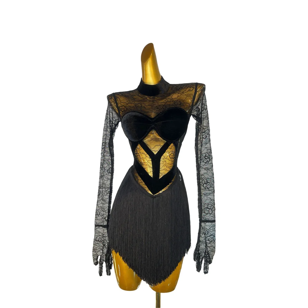 ملابس رقص اللاتينية AB Stone الإناث الكبار الأطفال الراقية مخصص الأسود الدانتيل شبكة شرابة الأسود بركة السامبا أداء اللباس