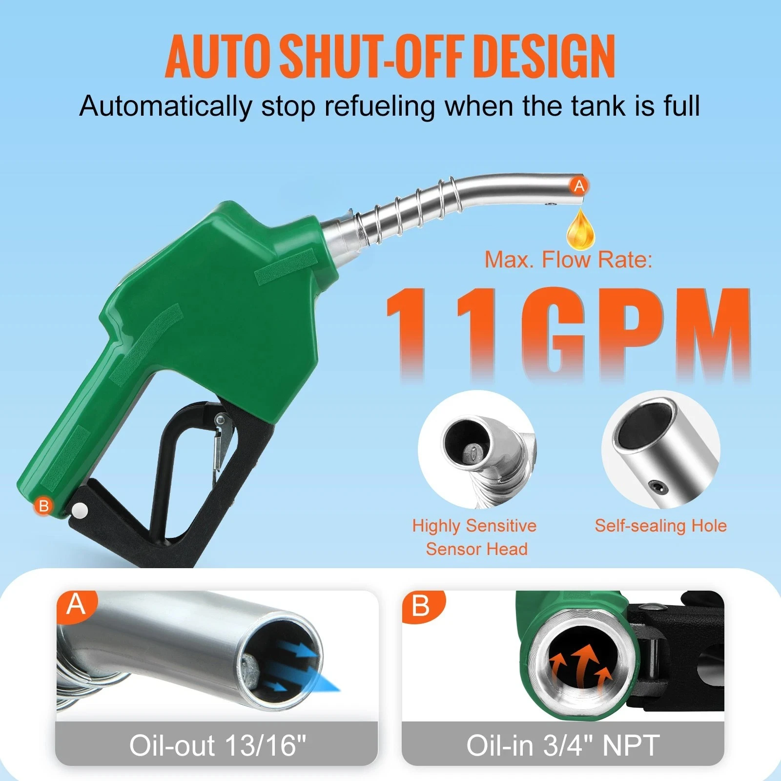 

Auto Shut Off Fueling Nozzle Heavy Duty Aluminum Alloy for Gasoline Diesel Refueling Gun Garage Station