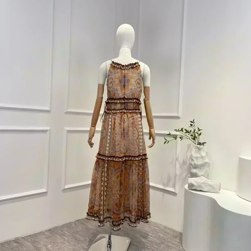 2023 Summer New Collection Khaki Print Flora Vintage Ruched Spaghetti Strap Dress for Women