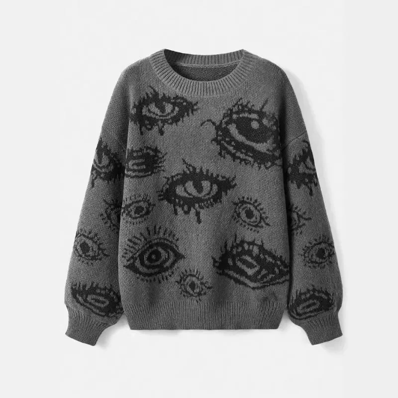 Autumn and Winter European and American Round Neck Loose Street Sense Personality Contrast Color Top Knitted Sweater for Women